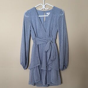 Junarose Blue Polka Dot Long Sleeve Wrap Dress with Tie Waist